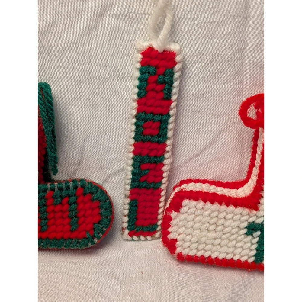 Vintage 1970s Plastic Canvas Christmas Ornaments Lot 7pc Handmade Stockings Noel